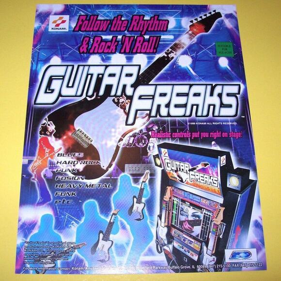 Guitar Freaks Arcade Game FLYER Original NOS 1999 Music Rock And Roll Art Sheet - Picture 1 of 2
